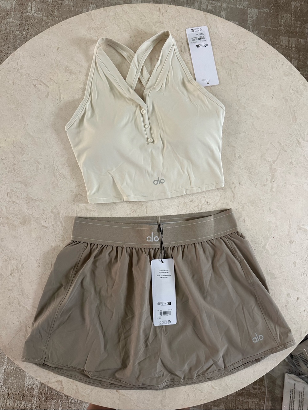 ALO Yoga Cream Crop Tank with Taupe Skort